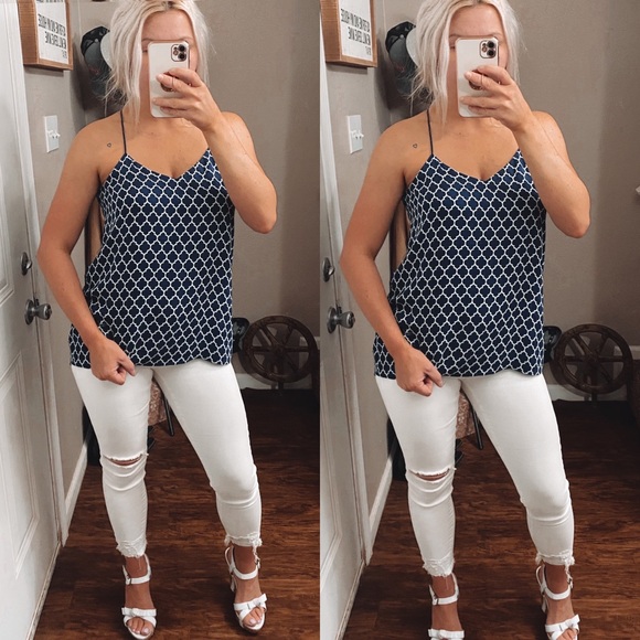 Express Tops - Express Navy and white lattice print Flowy top size Medium